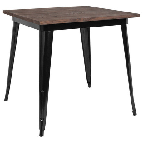 31.5" Square Metal Indoor Table With Walnut Rustic Wood Top, Black