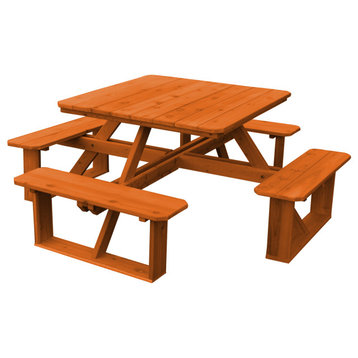 Cedar Square Picnic Table with Attached Benches, Redwood Stain