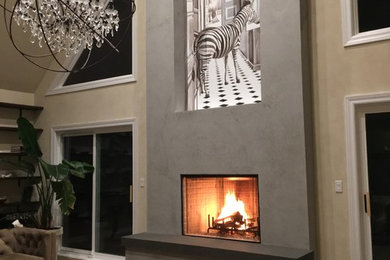 シカゴにある中くらいなコンテンポラリースタイルのおしゃれな独立型ファミリールーム (ベージュの壁、濃色無垢フローリング、標準型暖炉、漆喰の暖炉まわり) の写真