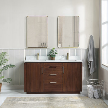 San Bath Vanity with Stone Top, Natural Walnut, 60m", Double Vanity, With Mirror