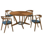 Armen Living - Santana 5-Piece Round Walnut Wood Dining Table Set With Blue Fabric - Host like a pro with the Santana 5-piece Round Wood Dining Set from Armen Living. Perched upon a sculptural base with beautifully crafted splayed legs, our modern round dining table serves as an elegant focal point for any room. It plays around with the angles of wooden grains to achieve a rich and eye-catching tabletop. Our versatile and mid-century modern dining set can effortlessly complement a variety of different styles. Its space-friendly proportions make it a perfect fit for eat-in kitchens and dining rooms. This dining set includes 1 dining table and 4 dining chairs. The round shape of our dining table makes it a natural hub for conversations and spending leisurely time. The 54 diameter tabletop easily allows seating for up to 6. The dining chairs feature a curved and hugging back to support you in just the right places. Completed with slender angular legs, the chairs make a stunning statement. The dining chairs deliver an airy silhouette vouching for hours of comfortable sitting. With an upholstered and padded seat, these dining chairs offer as much comfort as they do style. The Santana Dining Set is available in a walnut finish with your choice of charcoal, blue, or orange upholstery or a black finish with charcoal upholstery.