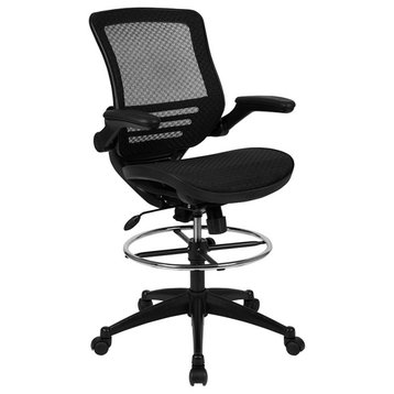 Mid-Back Mesh Drafting Chair With Flip-Up Arms, Black Mesh/Black Frame