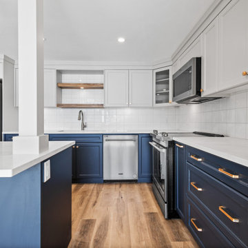 Elegant interior renovation with eye catching blue kitchen