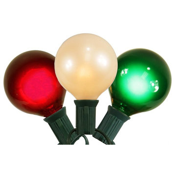Set of 15 Red White and Green Satin G50 Globe Christmas Lights Green Wire