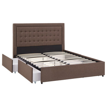 Storage Platform Bed, Tufted Brown Linen Headboard & 4 Storage Drawers, Full