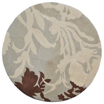 Hand Tufted Wool Area Rug Floral Gray White, [Round] 6'x6'
