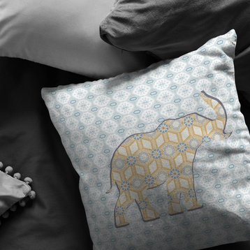 16" Blue Yellow Elephant Decorative Suede Throw Pillow