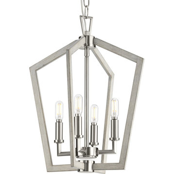 Galloway 4-Light 18" Brushed Nickel Foyer Light With Grey Washed Oak Accents