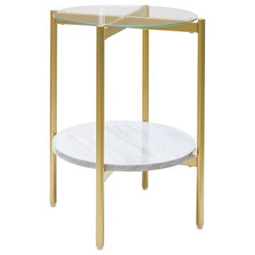 Glass Top Metal End Table with Marble Shelf, Gold and White