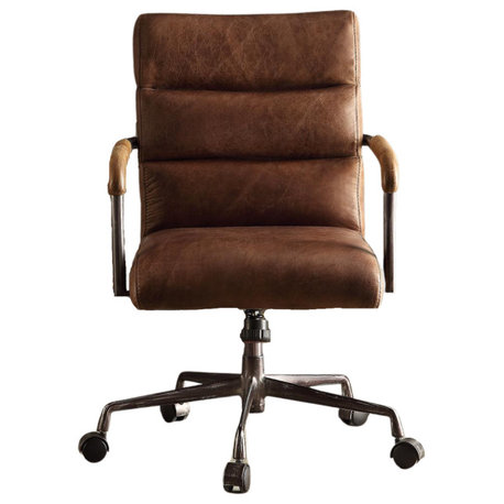 Harith Top Grain Leather Office Chair, Retro Brown, Retro Brown