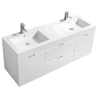Bliss 60" Double Sink Wall Mount Bathroom Vanit, High Gloss White