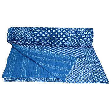 Handmade Indigo Blue Kantha Quilt, Twin