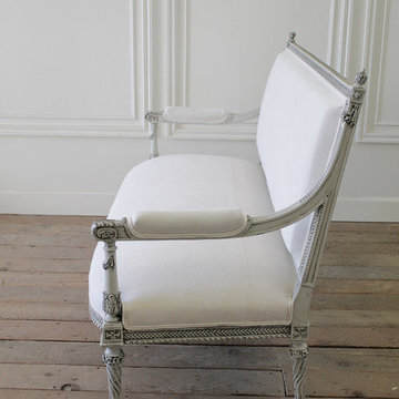19th Century Painted Rose Carved Louis XVI Style Settee in Belgian Linen