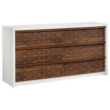 Unique Double Dresser, 6 Drawers With Geometric Patterned Front, Soft White