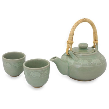 Novica Warm Elephants Celadon Ceramic Tea Set For 2