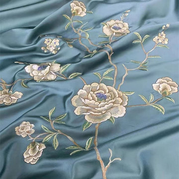 QYHL225L Silver Beach Embroidered Beautiful Hibiscus Flowers Blue Faux Silk Cust