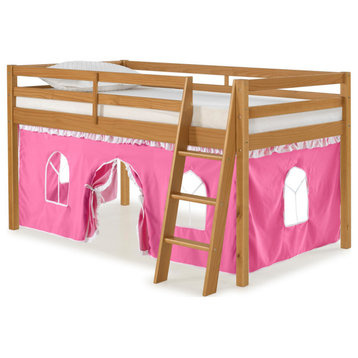 Roxy Twin Wood Junior Loft Bed, Cinnamon, Pink and White Bottom Tent