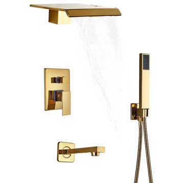 Gold Waterfall Shower Faucet Set Wall Mounted Mixer Tap with Handshower, 3ways