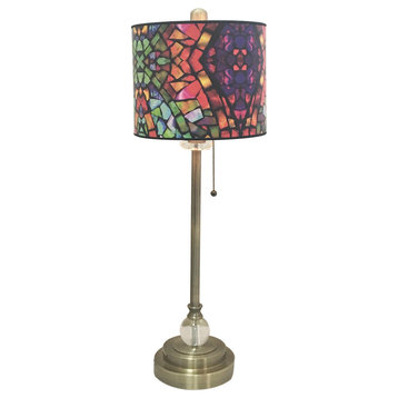 28" Crystal Buffet Lamp With Mosaic Stained Glass Shade, Antique Brass, Single