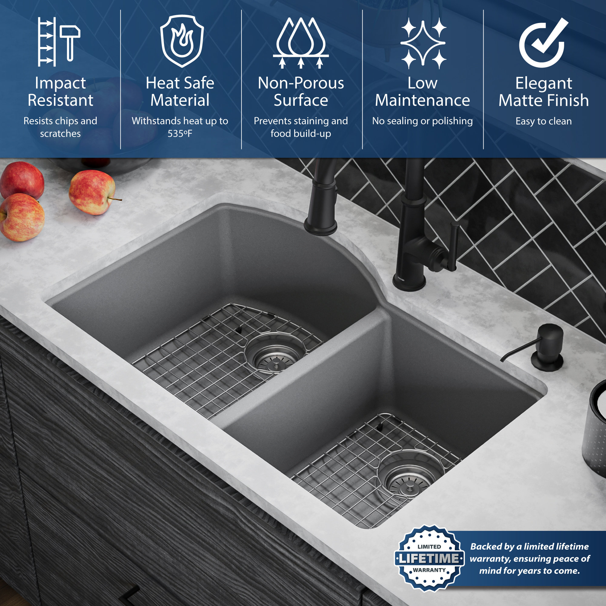 Karran Undermount Quartz 32" 60/40 Double Bowl Kitchen Sink Kit, Grey