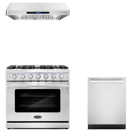 3-Piece, 36" Gas Range 36" Under Cabinet Range Hood and 24" Dishwasher