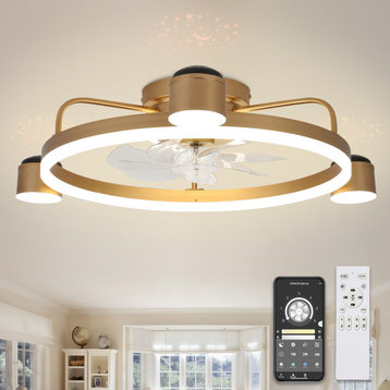 3-Light Flush Mount Ceiling Fan with Dimmable LED Light and Remote APP Control, Gold
