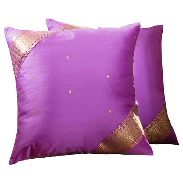 Lavender- 2  handcrafted Sari Cushion Cover, Throw Pillow Case 16" X 16"