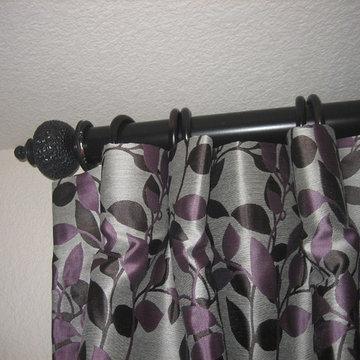 Custom Window Treatment with Black Wood Rods, Wood Finials