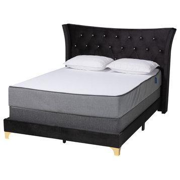 Fae Velvet Queen Size Panel Bed, Black/Gold
