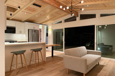 Example of a small 1960s open concept vinyl floor, wood ceiling and brown floor living room design in Los Angeles with white walls, a standard fireplace, a brick fireplace and a wall-mounted tv