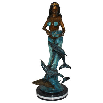 Mermaid with 2 dolphins Bronze Statue -  Size: 14"L x 14"W x 28"H.