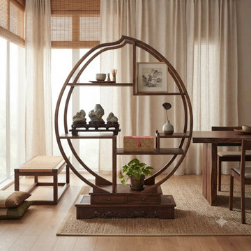 Oriental Circular Peach Shape Brown Wood Display Cabinet Room Divider ws4999