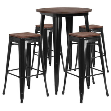30 Round Black Metal Bar Table Set with Wood Top and 4 Backless Stools
