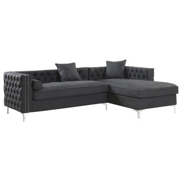 Right Facing L-Shaped Sofa, Grain PU Leather Seat With Silver Tone Legs, Black
