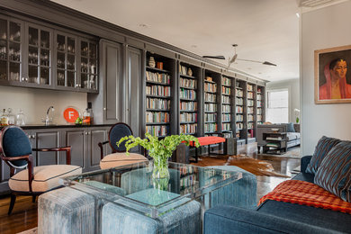 Example of a huge transitional open concept dark wood floor and brown floor living room design in Boston with white walls and a standard fireplace