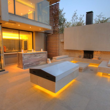 outdoor entertainment area, firepit & marble clad seating