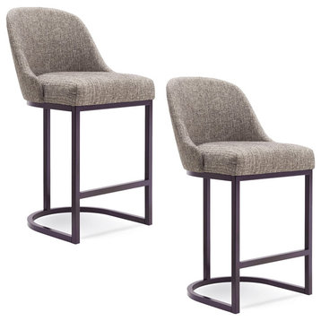Set of 2 Counter Stool, Linen Seat With Comfortable Barrel Back, Espresso/Grey