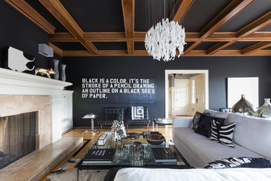 Large trendy enclosed light wood floor living room photo in San Francisco with white walls, a standard fireplace and a stone fireplace