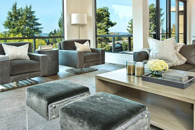 Example of a large trendy open concept medium tone wood floor and brown floor living room design with white walls