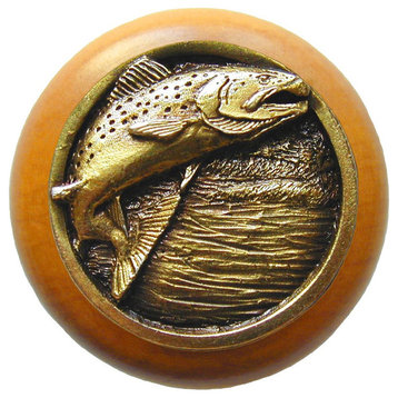Leaping-Trout Maple Wood Knob, Antique-Style Brass