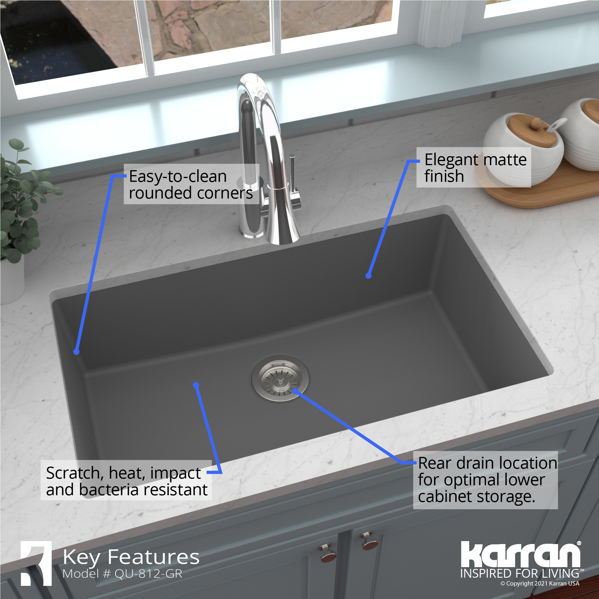 Karran QU-812 Undermount 32.5" Large Single Bowl Quartz Sink Kit, Grey