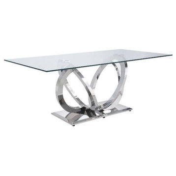 Contemporary Dining Table, Stainless Steel Base & Clear Glass Top, Silver Finish