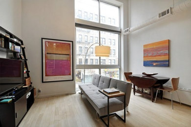 Imagen de salón tipo loft minimalista pequeño con paredes blancas, suelo de madera clara y televisor independiente