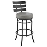Armen Living - Natya Swivel Stool in Black Finish With Gray Faux Leather, 30" - Enliven your home with the modern charm and elegance of our Natya Swivel Counter or Bar Stool in Faux Leather and Metal by Armen Living. A charming, slatted backrest is complemented with a gracefully curved metal base to invite a dose of style and comfort to your home. A charming nail head detail upon the seat lends a chic industrial edge to our modern bar stool. The generously padded seat is upholstered in faux leather upholstery to promise a comfortable stay. Faux leather does not crack or fade easily; it is stain-resistant and UV resistant to serve you for years to come. The breezy and charming design of our barstool effortlessly complements any bar, high dining area, or adjustable desk. Complementing a variety of different styles, the metal bar stool can sit easily in your kitchen, living area, or workspace. A wonderful full 360-degree swivel function allows for maximum mobility. The smooth glide swivel function allows you to change directions with ease, enabling you to enjoy your meals, drinks, and conversation to the fullest. The Natya counter or bar height stool is available in 26 inch or 30 inch seat height and comes in a black finish with grey faux leather upholstery or a mocha finish in brown faux leather upholstery.