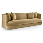 Meridian Furniture - Alder Upholstered Chair, Camel, Velvet, Sofa - The Alder camel velvet upholstered sofa is an invitation to relax. Its rounded silhouette and soft velvet upholstery create a cozy and inviting space, perfect for stretching out or hosting guests. Whether you're unwinding after a long day or entertaining, this sofa brings timeless elegance and comfort to your living space.