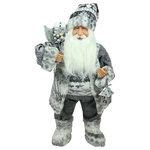 Northlight Seasonal - Alpine Standing Santa Claus in Gray and White with a Bag and Lantern Figure - This Santa is wearing a fleece sweater | faux fur trimmed jacket | gray pants and faux fur covered boots | In one hand Santa is carrying a silver glittered lantern while over his other shoulder he is carrying a silver gift bag filled with presents | frosted pine branches and berries | Atop Santa's fur trimmed hat is a real jingle bell that makes a pleasing jingle sound when moved | Recommended for indoor use | Dimensions: 24"H x 13"W x 8"D | Material(s): plastic/fabric