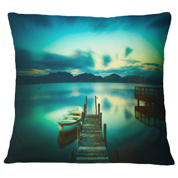 Wooden Jetty And Boat in Sea Seascape Throw Pillow, 16"x16"
