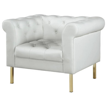 Accent Chair, Golden Legs With PU Leather Seat and Button Tufted Back/Arms, Cream