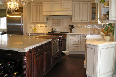 Inspiration for a mid-sized timeless l-shaped dark wood floor eat-in kitchen remodel in Toronto with a farmhouse sink, metal backsplash, stainless steel appliances, marble countertops, recessed-panel cabinets, white cabinets, white backsplash and an island