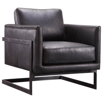Luxley Black Top Grain Leather Club Chair Metal Frame Modern Style